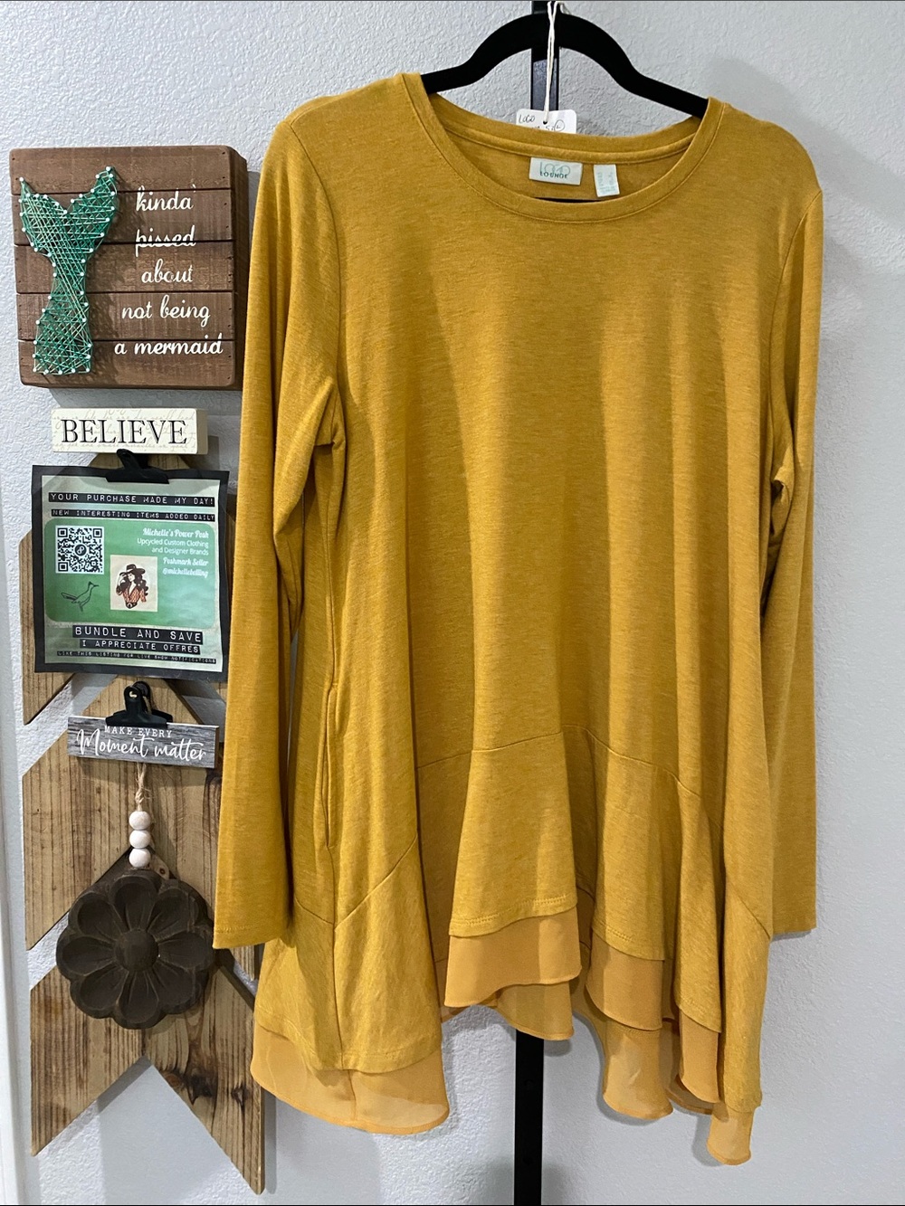 Logo Lounge  Mustard Layered-Hem Long Sleeve Top has pockets